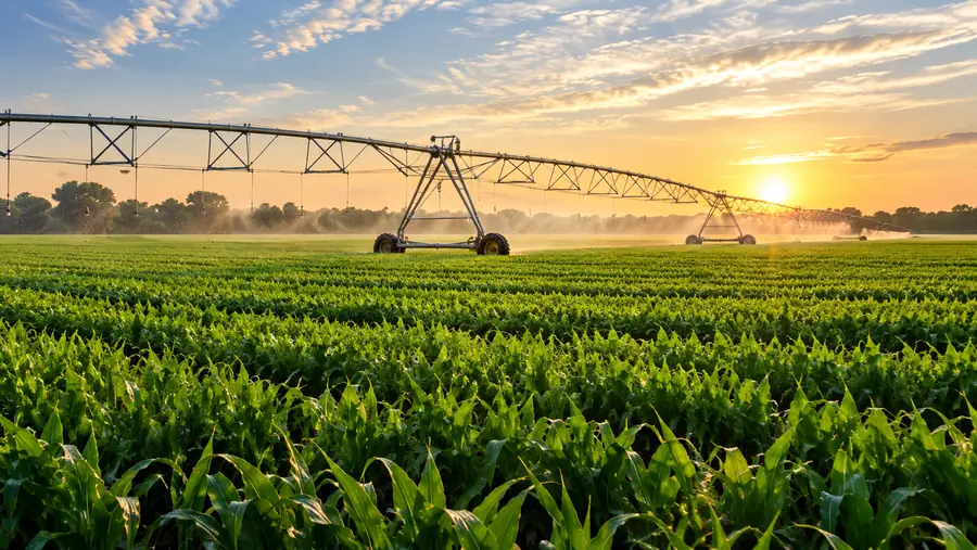 Centre-pivot irrigation over a maize field