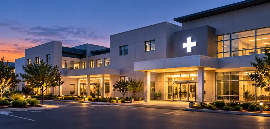 Modern hospital entrance at dusk