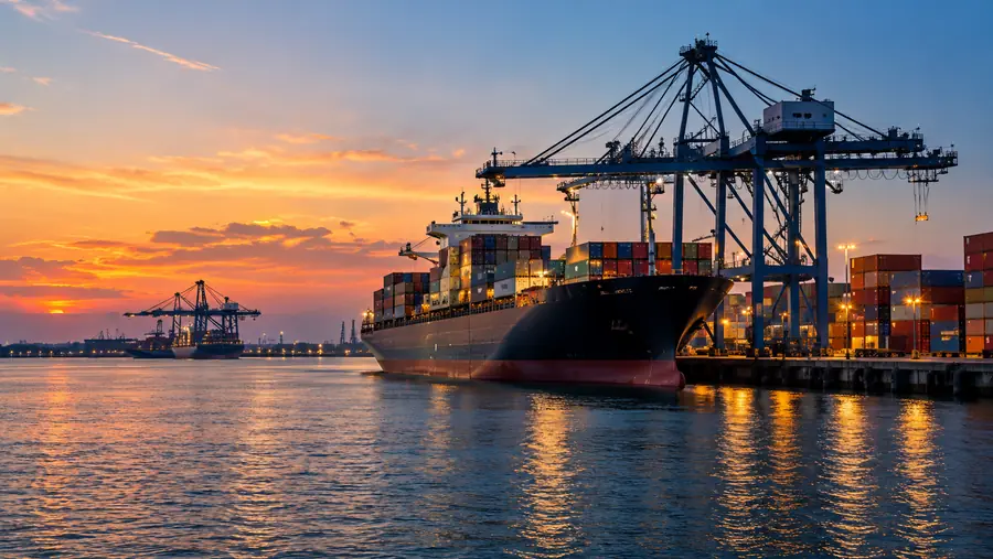 Container ship at a port terminal at dusk